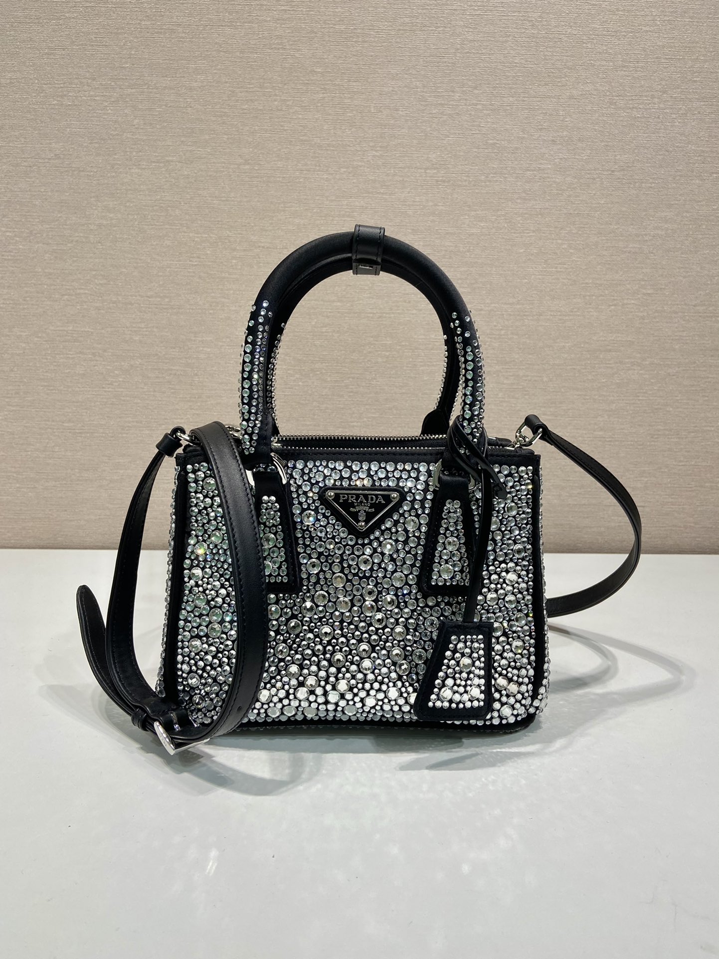 Prada Mini Galleria Saffiano Leather Artificial Diamond Bag Tote Shoulder Bag Black 1BA906